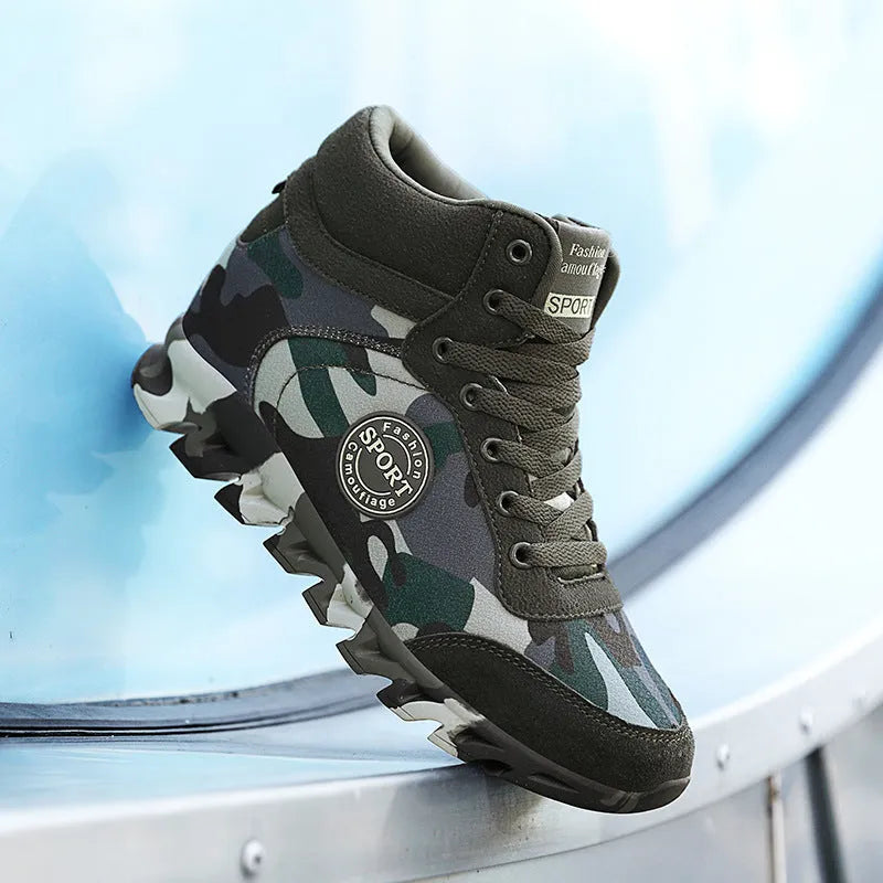 Green camouflage canvas women's sneakers with a rubber outsole on a white background.