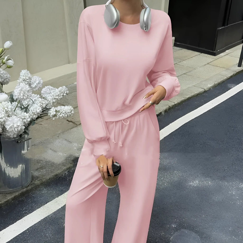 Women's solid colour casual two-piece set with long sleeves top and trousers in street hipster style