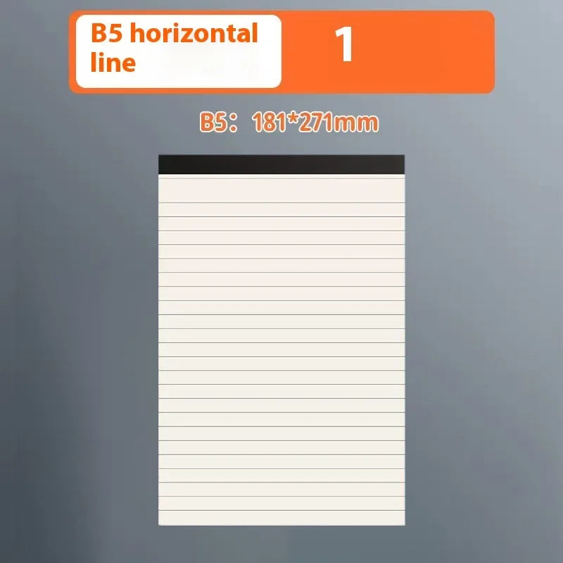 A5, B5, and A4 writing pads showing horizontal line, grid, and blank ruling options with 80 wood-free paper sheets