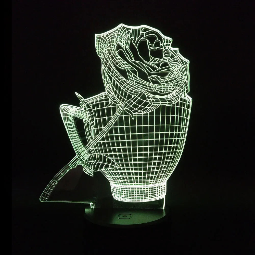 3D rose flower night light showing colour changing illumination with acrylic panel and ABS base