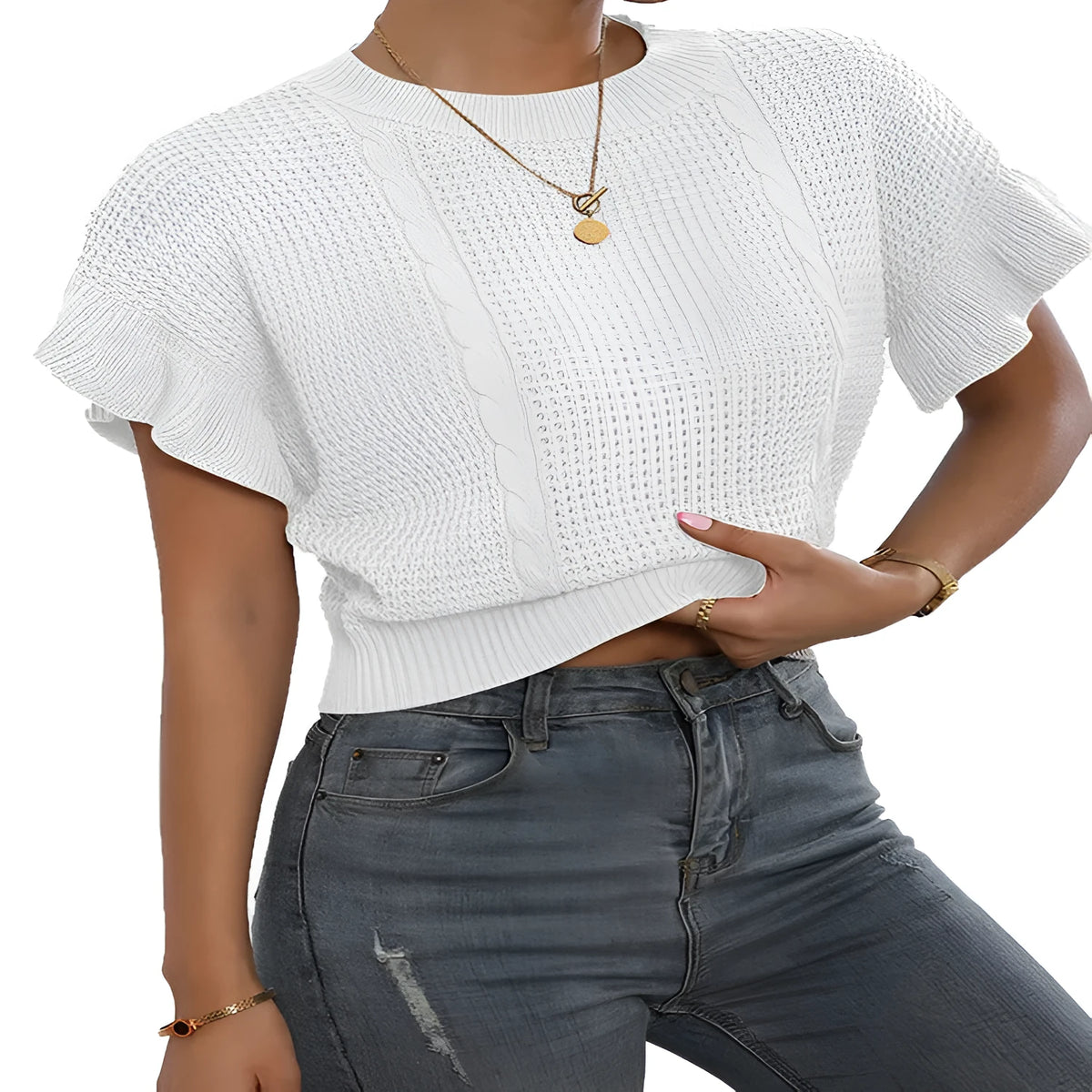 Knitted pullover sweater with twisted string ruffled short sleeves in round neck design