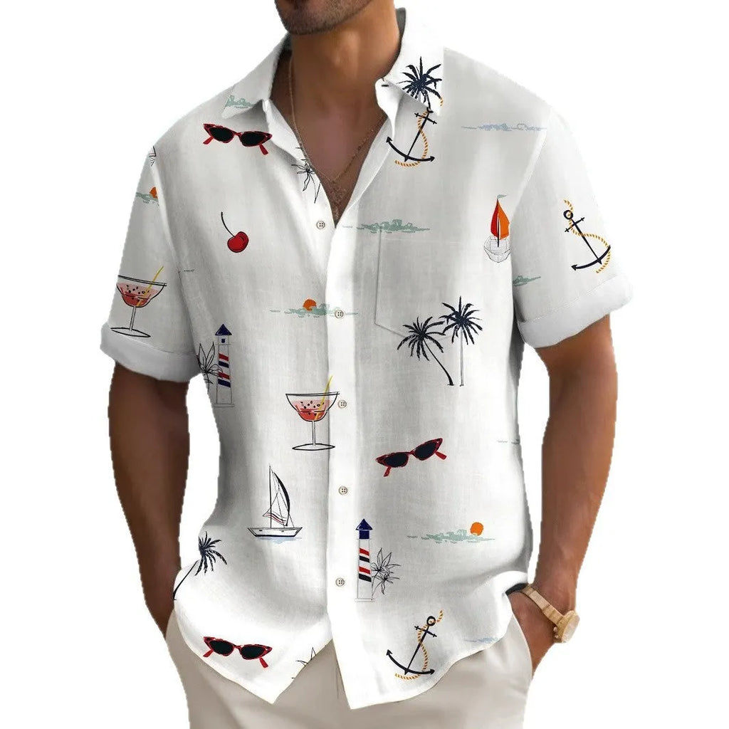 Man wearing a loose-fit short-sleeve Hawaiian shirt with a colourful digital print pattern.
