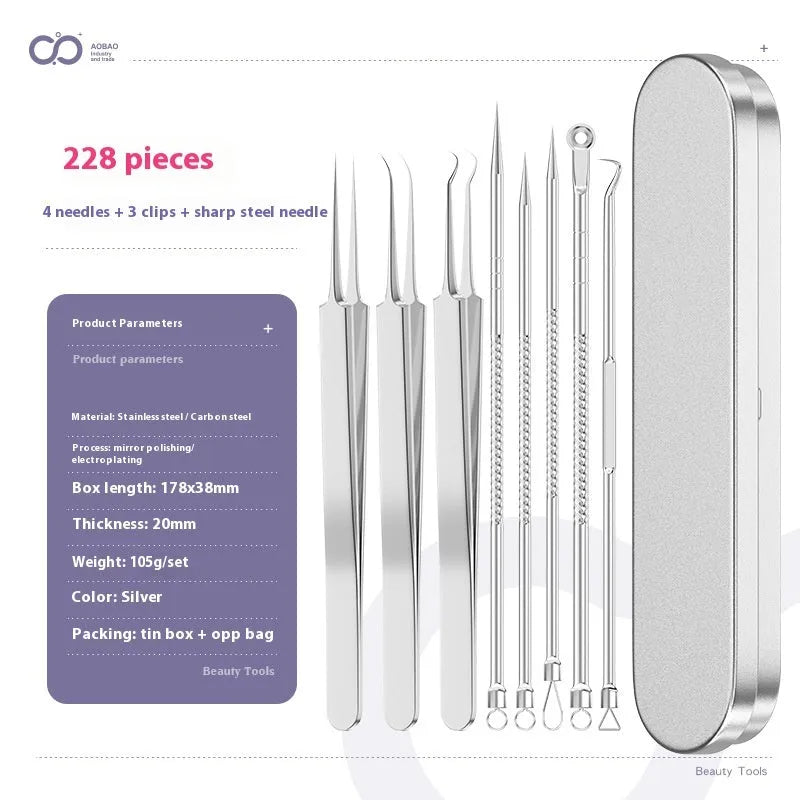 Four silver metal acne needles with ultra-fine pointed tips for blackhead extraction.