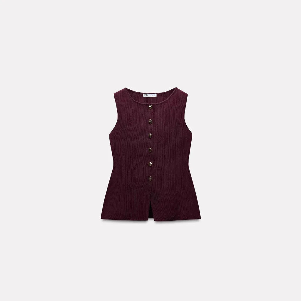 Women's dark red sleeveless sweater vest with gold buttons and slim fit design