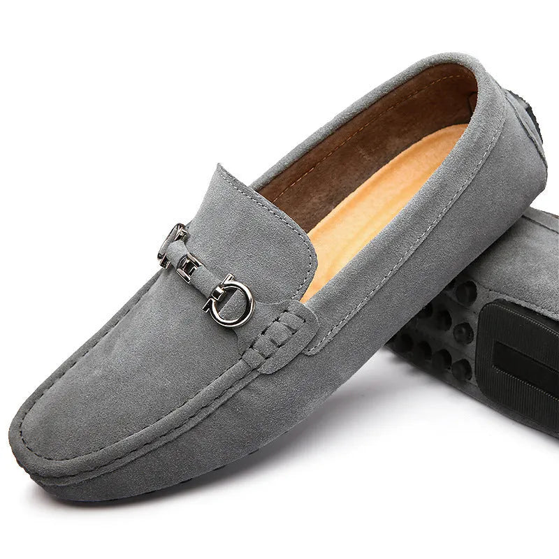 Men's black slip-on leather shoes with square-toe design and matte finish
