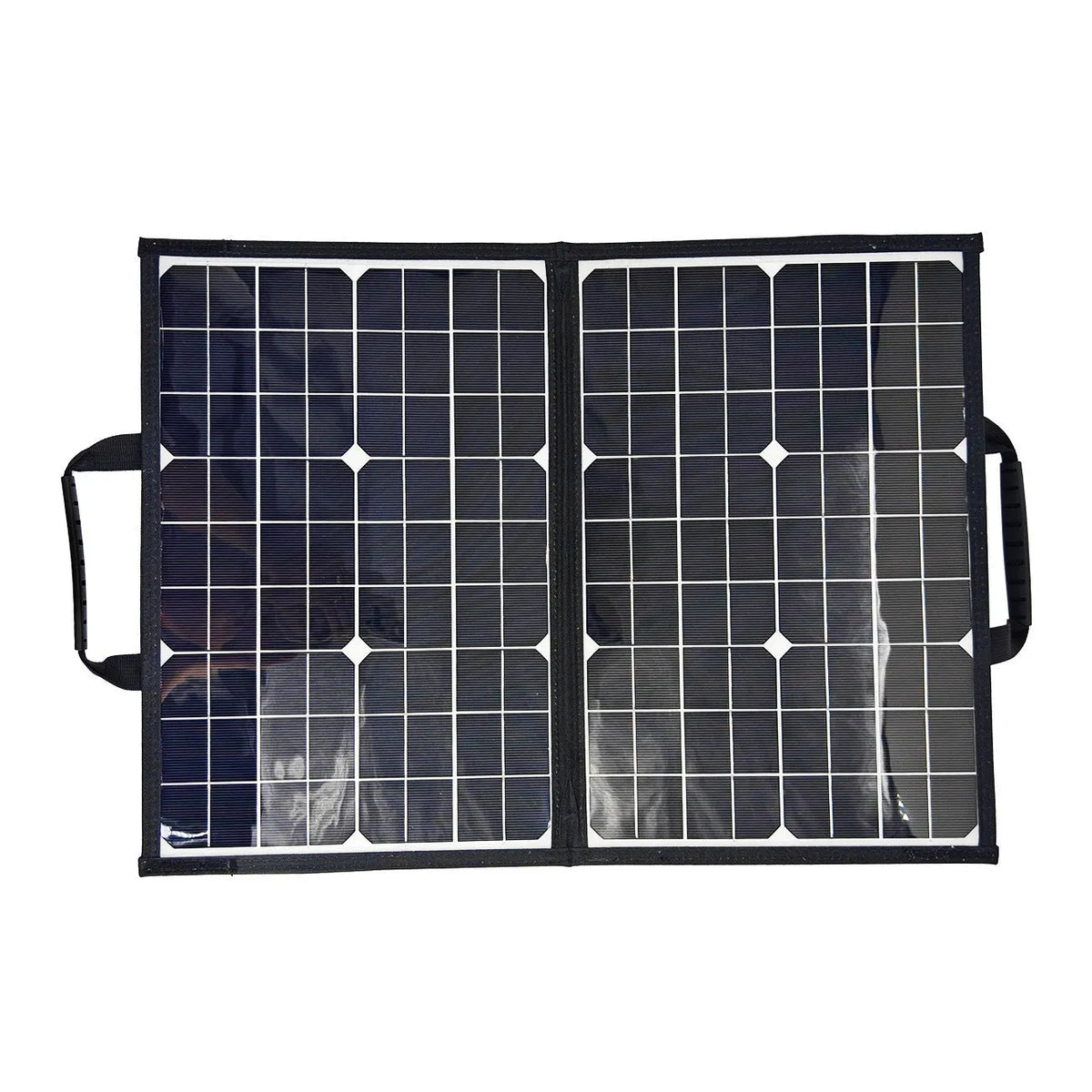 Black 40W monocrystalline folding solar panel bag shown folded to 425x285x8mm for portable outdoor power.