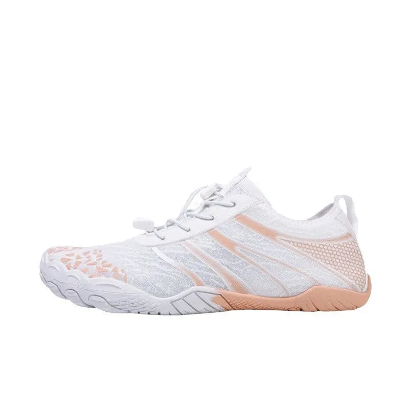 Beach running shoes in stretch Lycra fabric, shown in beige colour.