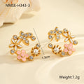 Women's stainless steel flower stud earrings with 18K gold plating and colourful diamond electroplating