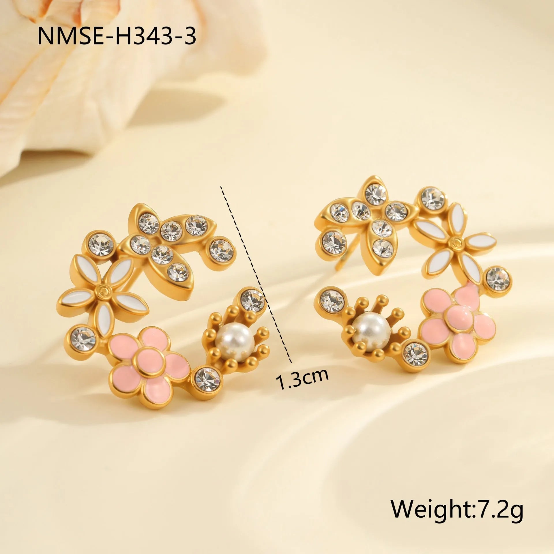 Women's stainless steel flower stud earrings with 18K gold plating and colourful diamond electroplating