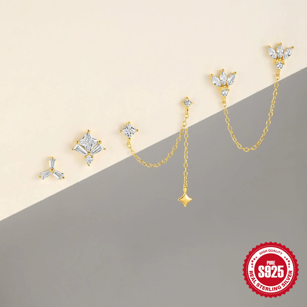 925 sterling silver double ear piercing stud earrings with zircon inlay in gold-tone colours