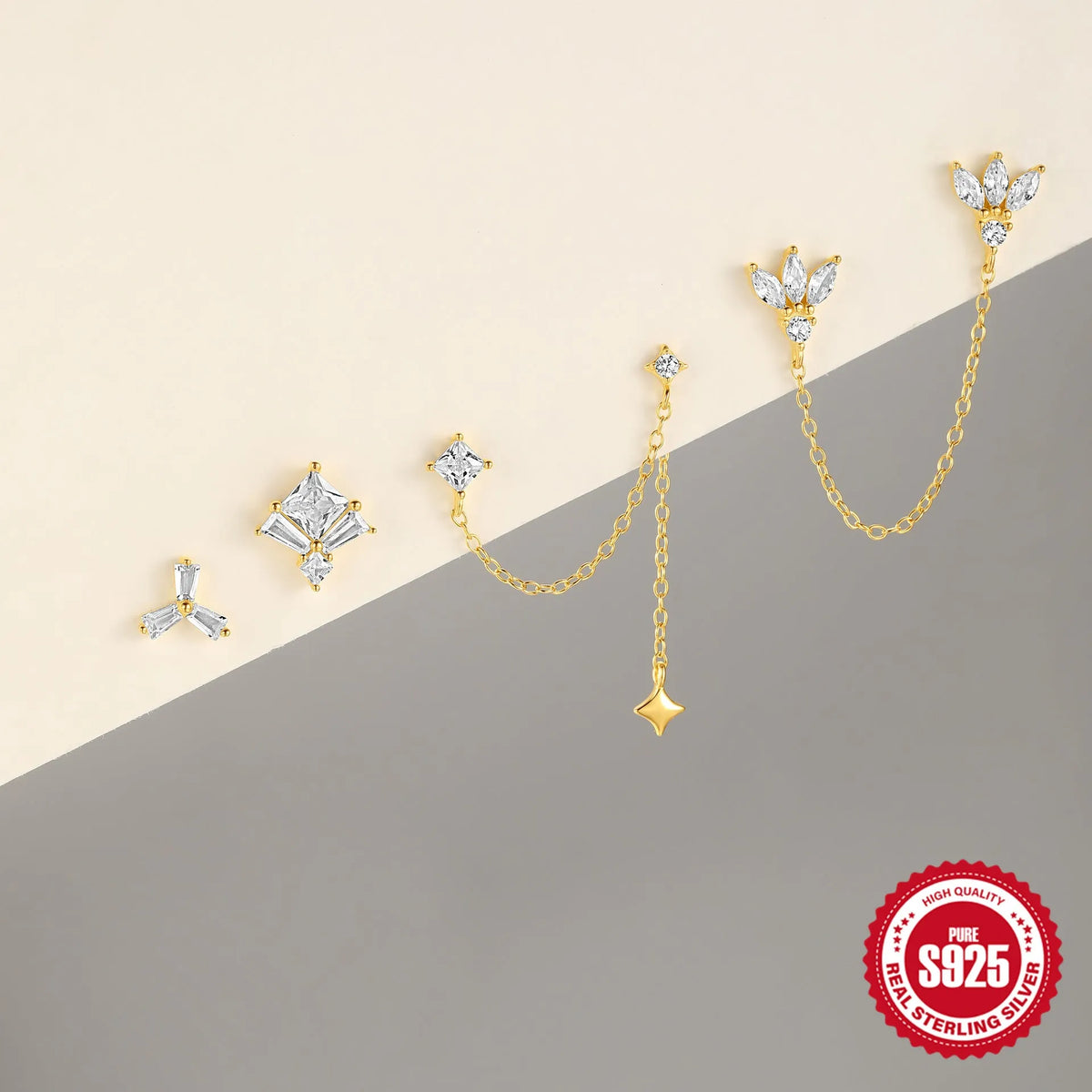 925 sterling silver double ear piercing stud earrings with zircon inlay in gold-tone colours