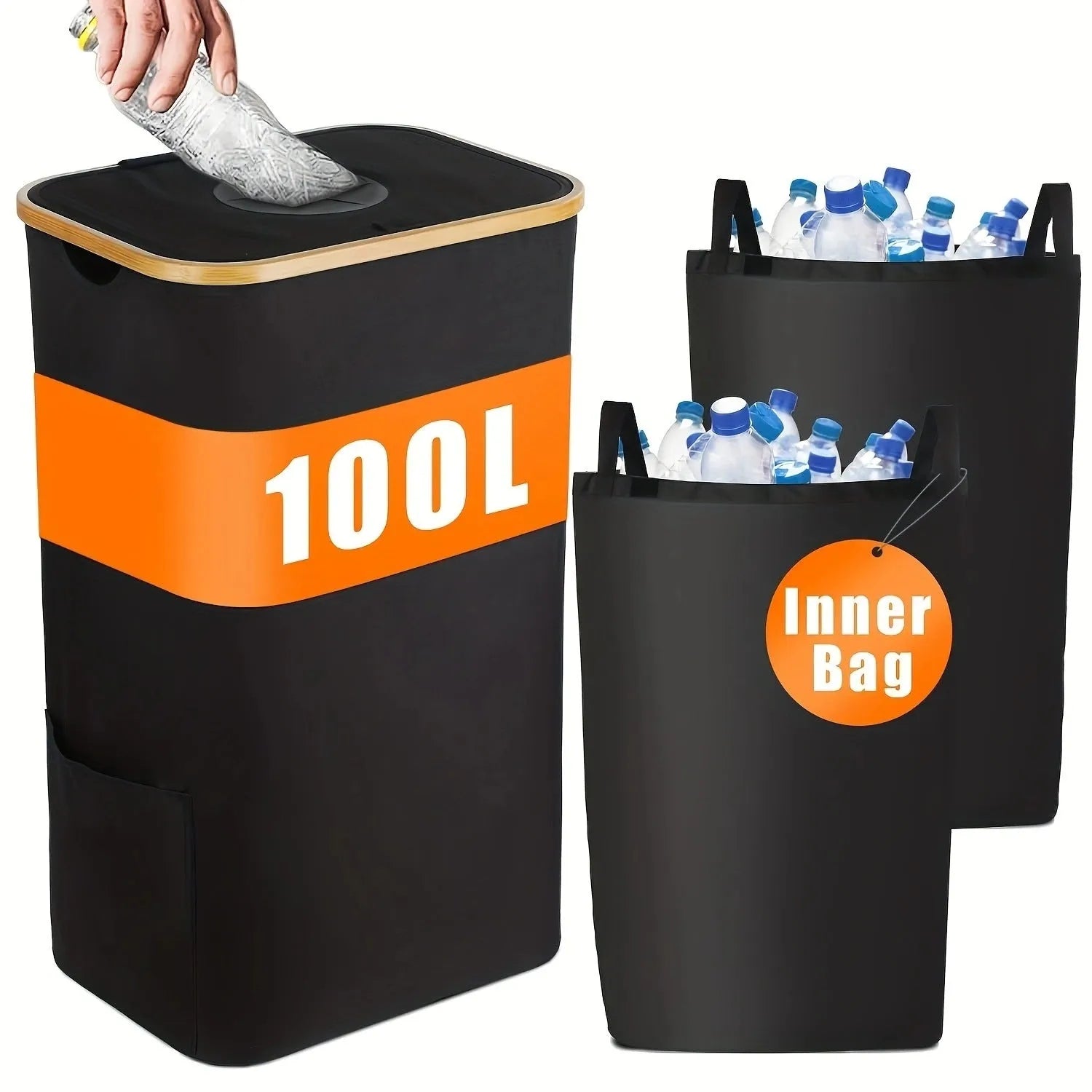 Black bamboo-lidded storage basket with Oxford cloth construction and double inner pockets