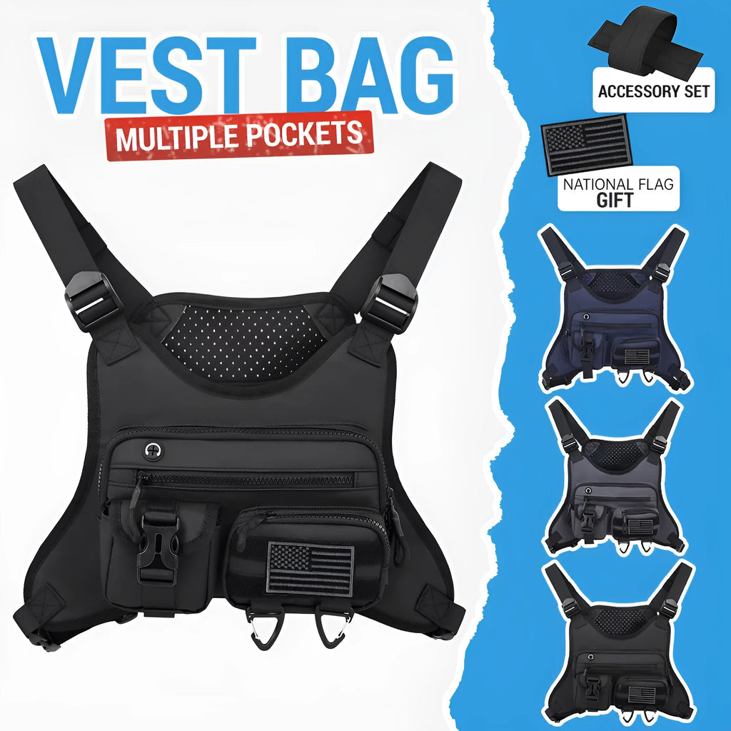 Men's outdoor sports chest bag in oxford cloth, shown in black, grey, and blue colour options.