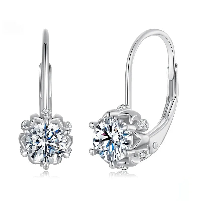 Sterling silver flower bud ear clip earring with white gold plating and moissanite stones