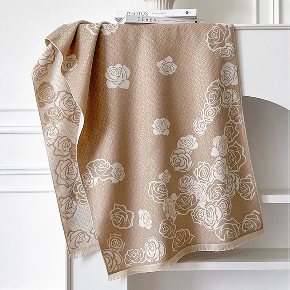 Imitation cashmere winter scarf with tassels showing grey, black, blue, and khaki colour options