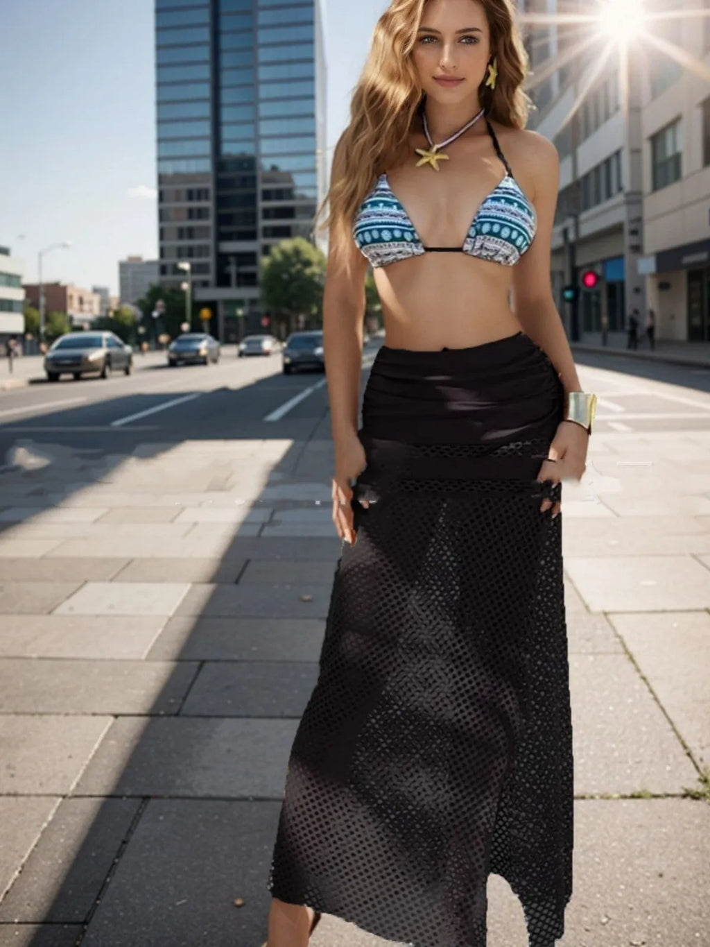 Women's three-piece bikini set with a long fishnet skirt in a gradient colour.