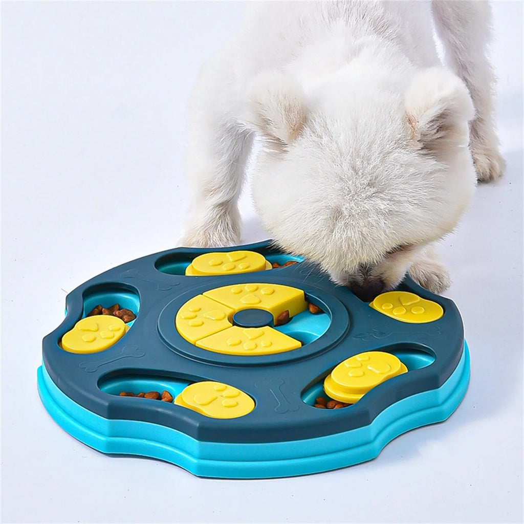 Blue and pink dog puzzle toy bowl for interactive feeding games and aggressive chewers