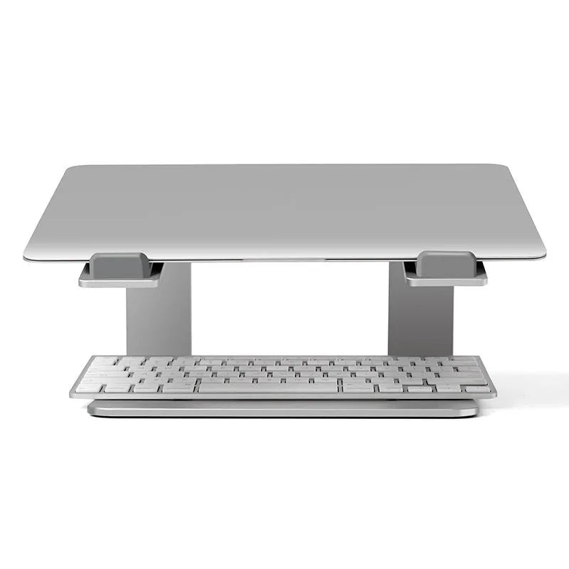 Black aluminium alloy laptop stand on a desk, showing its size and solid base plate.