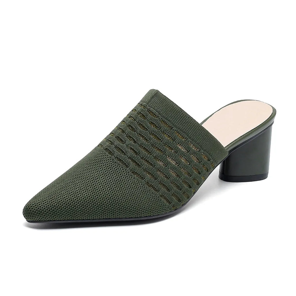 Women's pointed toe sandals with a toe cap and a chunky 5cm high heel in a fabric upper.