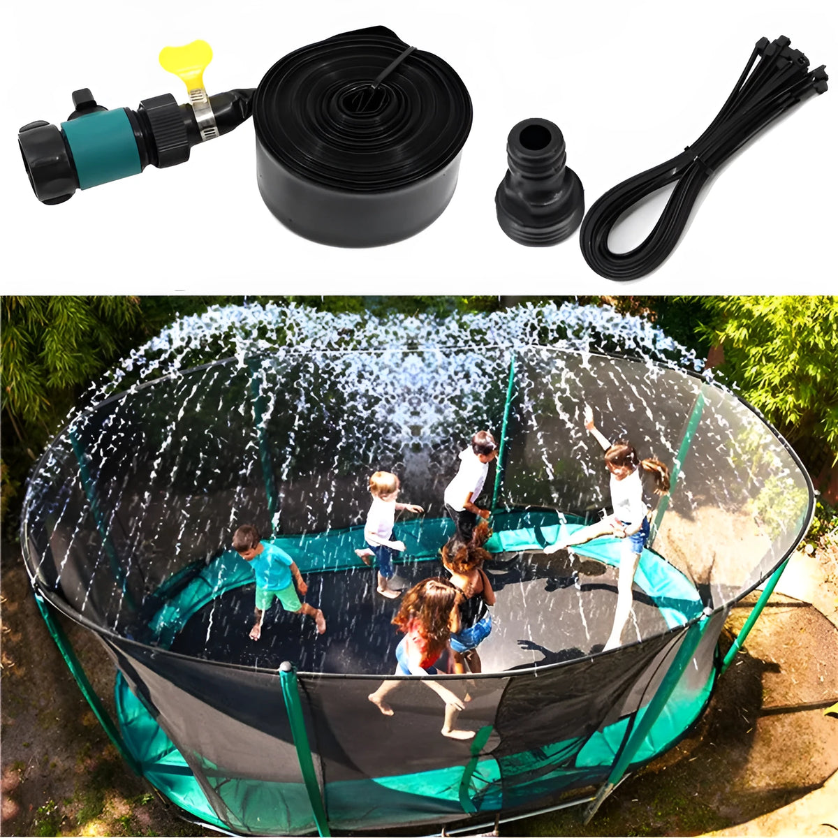 Blue portable PVC garden sprinkler with solar water cooling system on a lawn.
