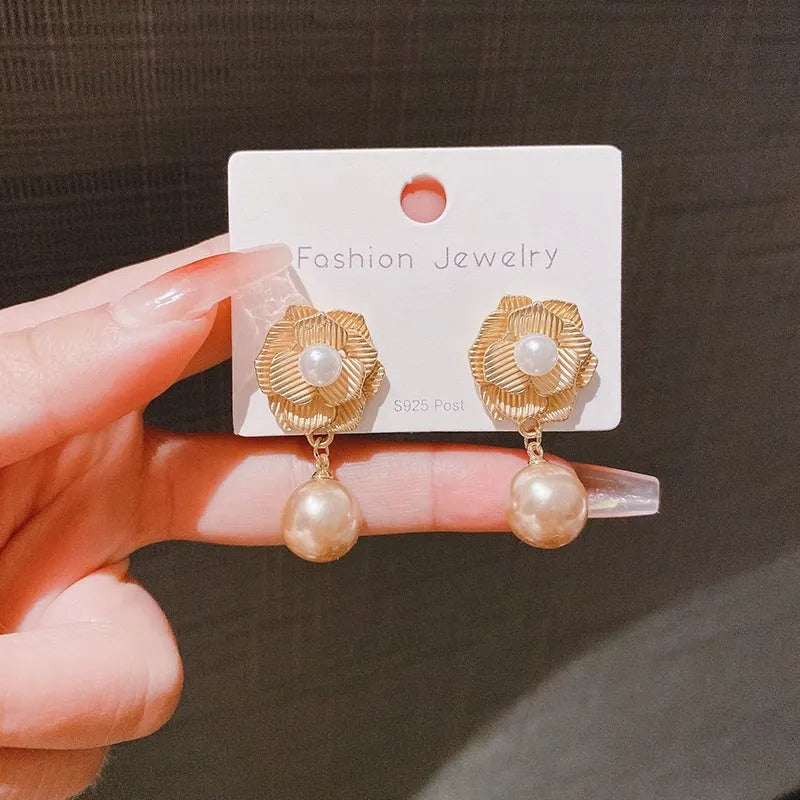 Gold colour Hong Kong style flower stud earrings with needle rose pearl and opal stone design