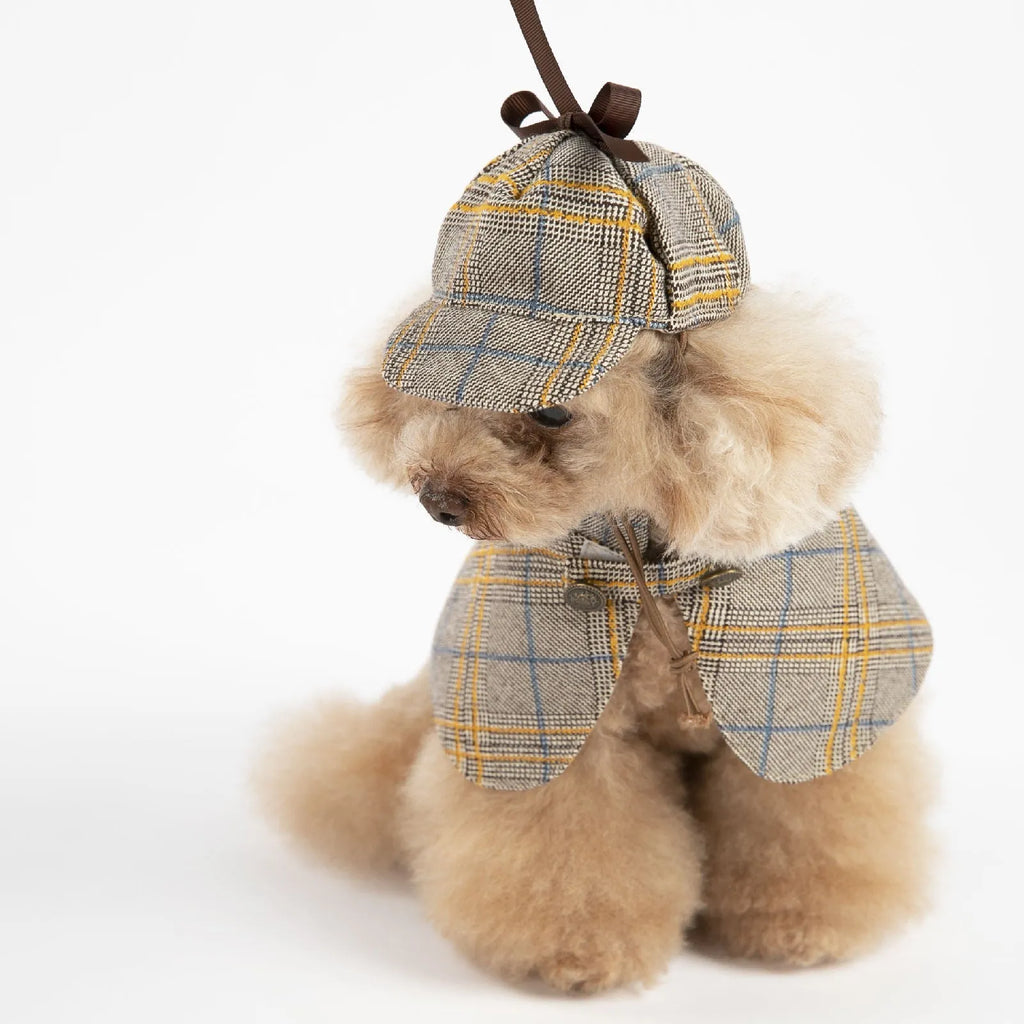 Camel coloured cotton pet cloak with adjustable hood shown on dog model