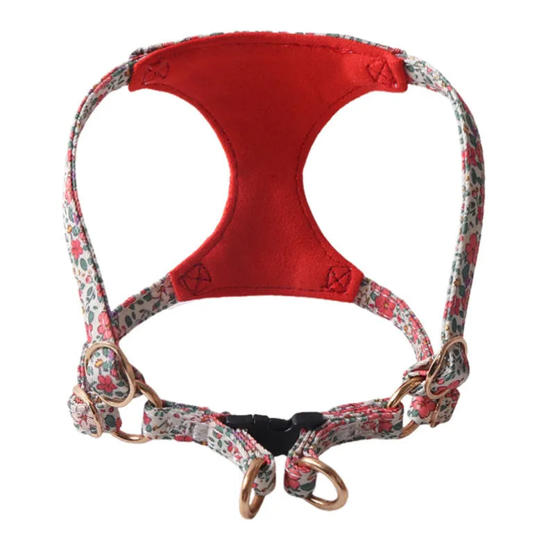 Floral cloth pet harness and leash set for small dogs in multiple colour options