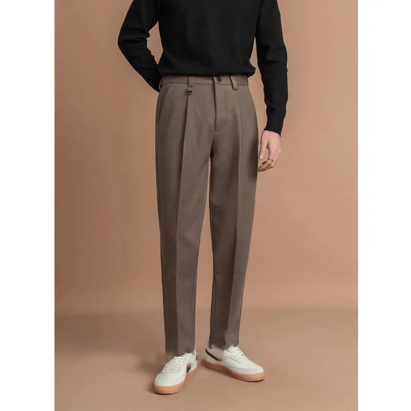 Men's straight leg casual trousers in polyester fabric, shown in a light business style.