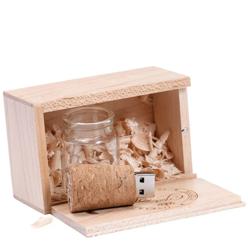 Personalised wooden USB flash drive with custom driftwood bottle storage disk design in chocolate brown
