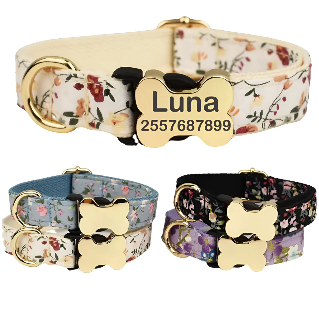 Flat fabric printed grid design dog collar with bone buckle in multiple colour options