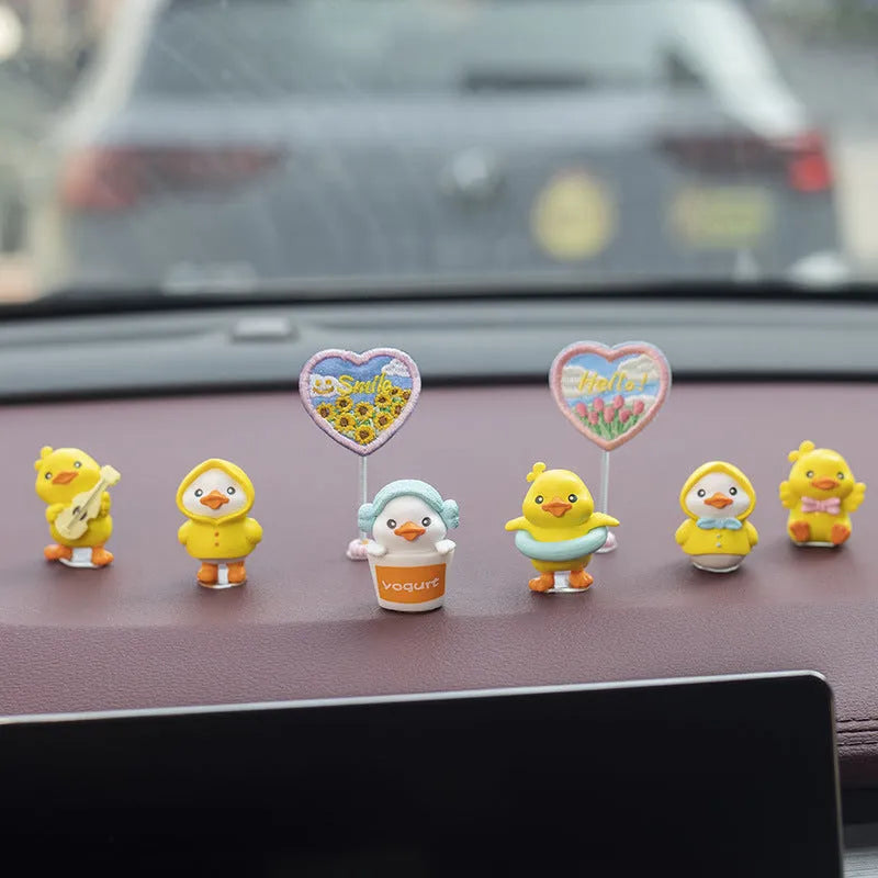 PVC car interior decoration set with six cartoon ducklings and one sign for dashboard personalisation
