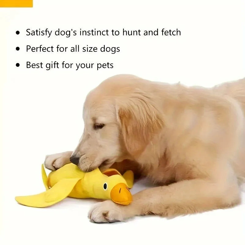 Yellow plush teddy dog toy with a duck squeaker and hidden treat pockets for training and chewing