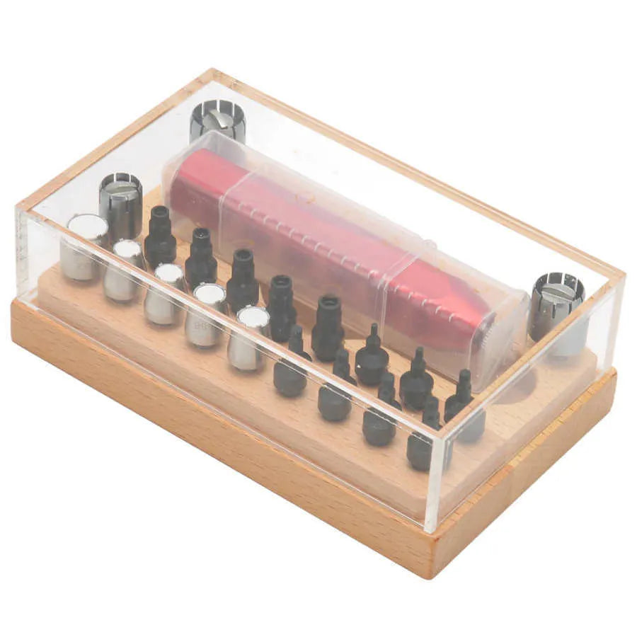 20-piece steel watch repair tool set for barrel opening with extracting tube open model in compact storage case