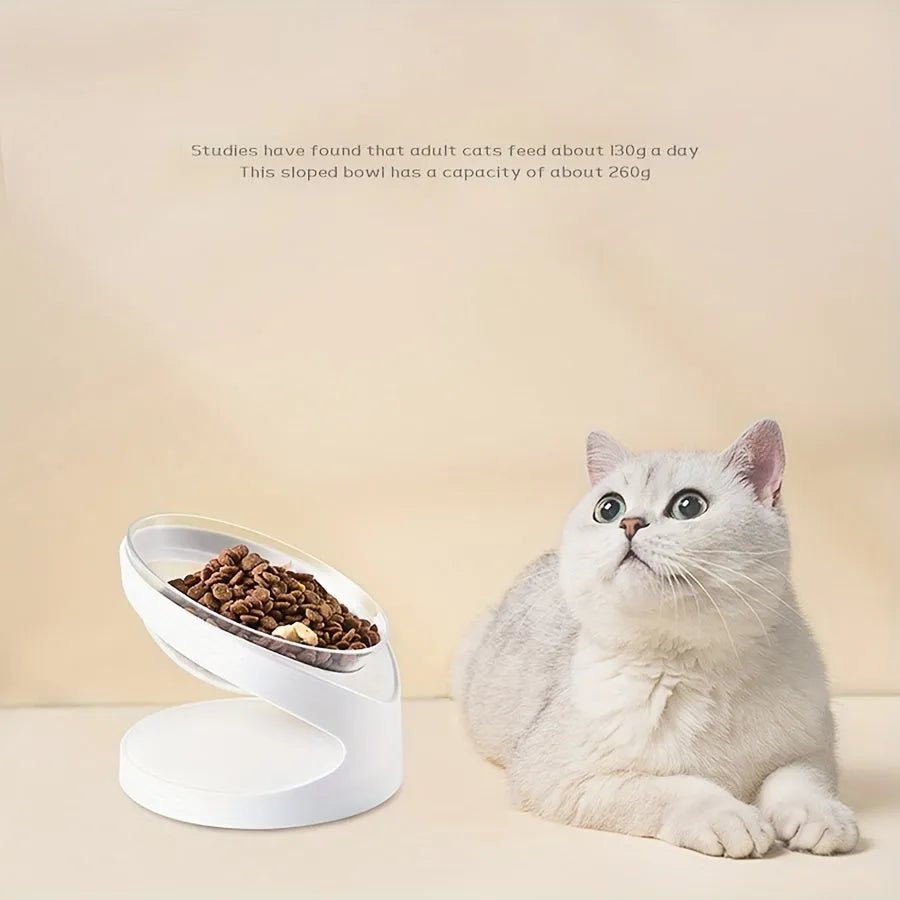Clear plastic tilted cat food bowl for ergonomic feeding and neck protection