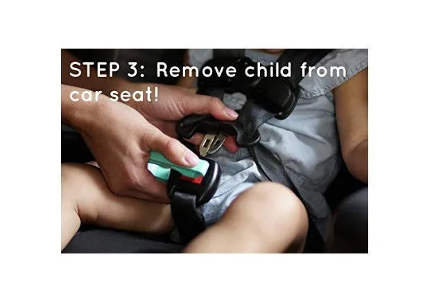 Plastic car seat key for pressing the red button on a child's car seat buckle, shown in pink, violet or green
