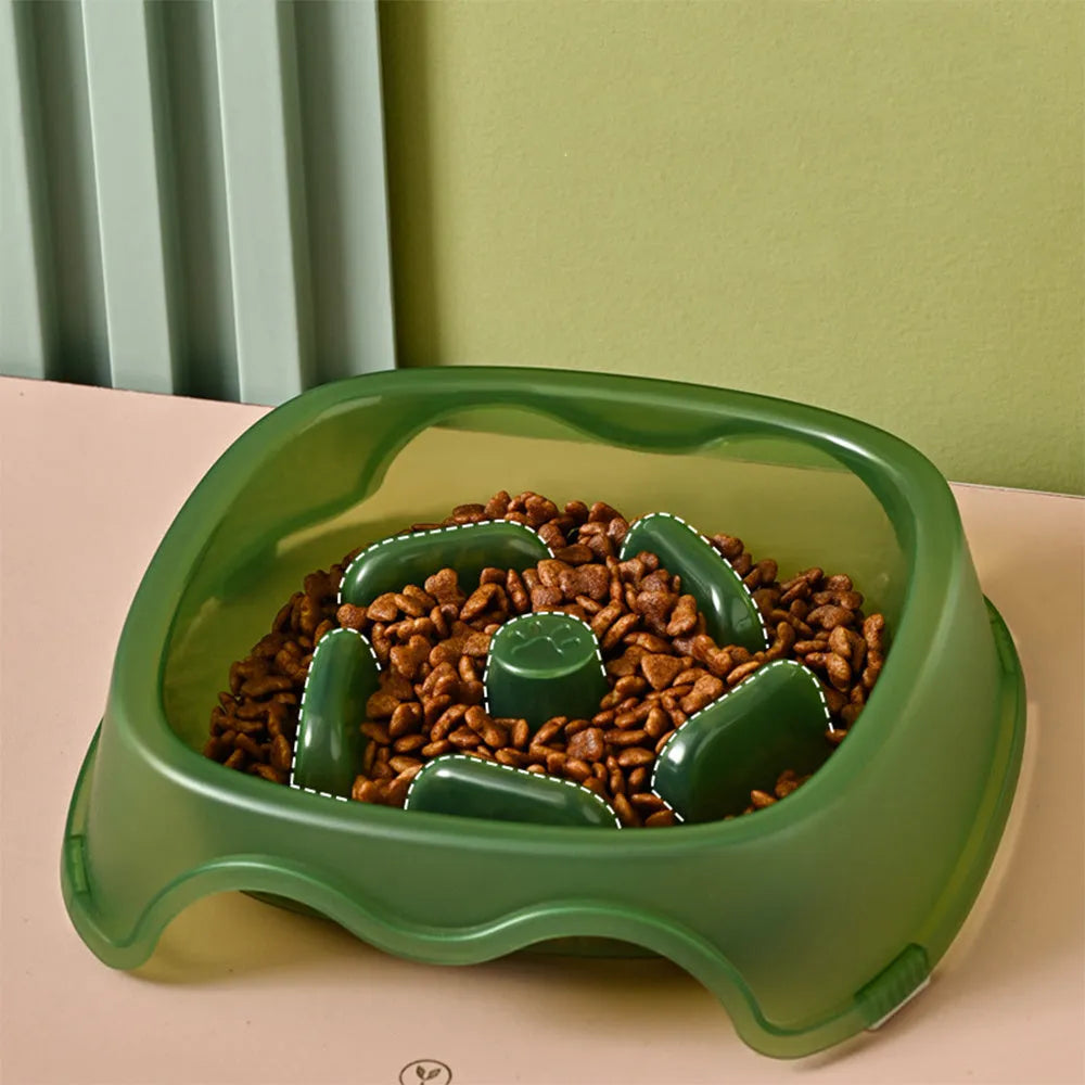 Plastic dog slow feeder bowl in blue gray green or orange for anti-choking pet feeding