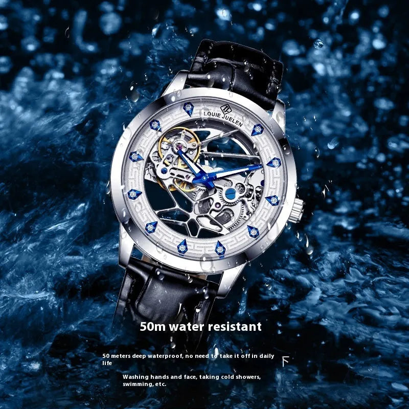 Men's silver mechanical watch with black leather strap, white dial, blue hands, and butterfly buckle