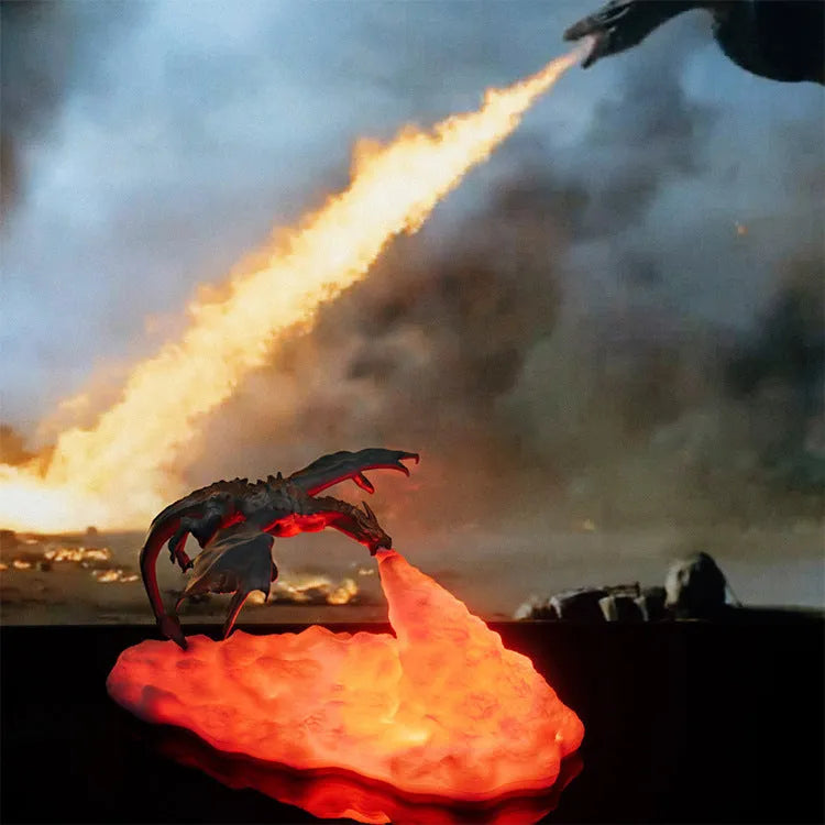 3D printed fire-breathing dragon night light with warm red glow and USB charging cable