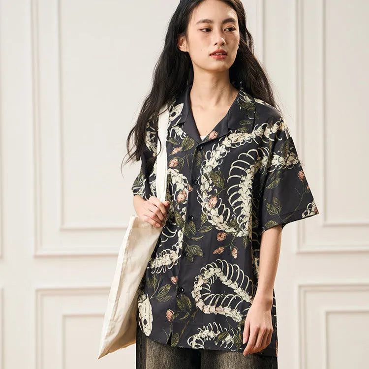 Men's snake bone floral print Cuban collar short sleeve shirt in loose fit