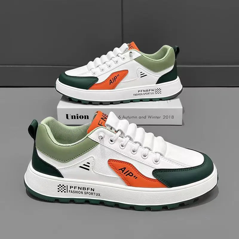 Men's white and orange casual sneakers with round toe and artificial PU upper