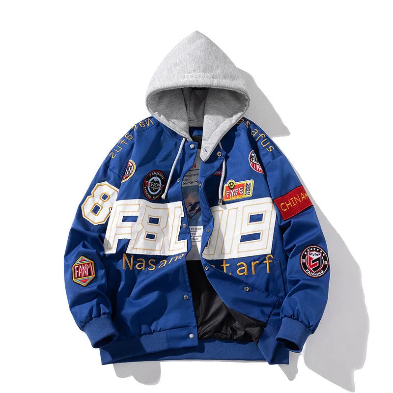 American motorcycle baseball uniform jacket in loose fit with detachable hood option