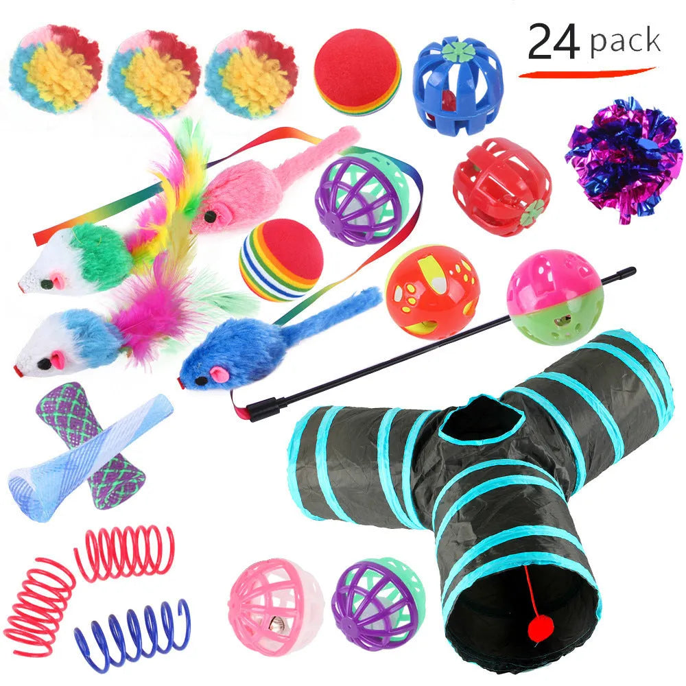 Multi-coloured plastic cat toy set with channel maze design for interactive pet play and enrichment