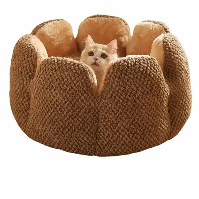 Green cactus petal shaped soft plush dog bed with a cave-like opening for cats and small dogs.