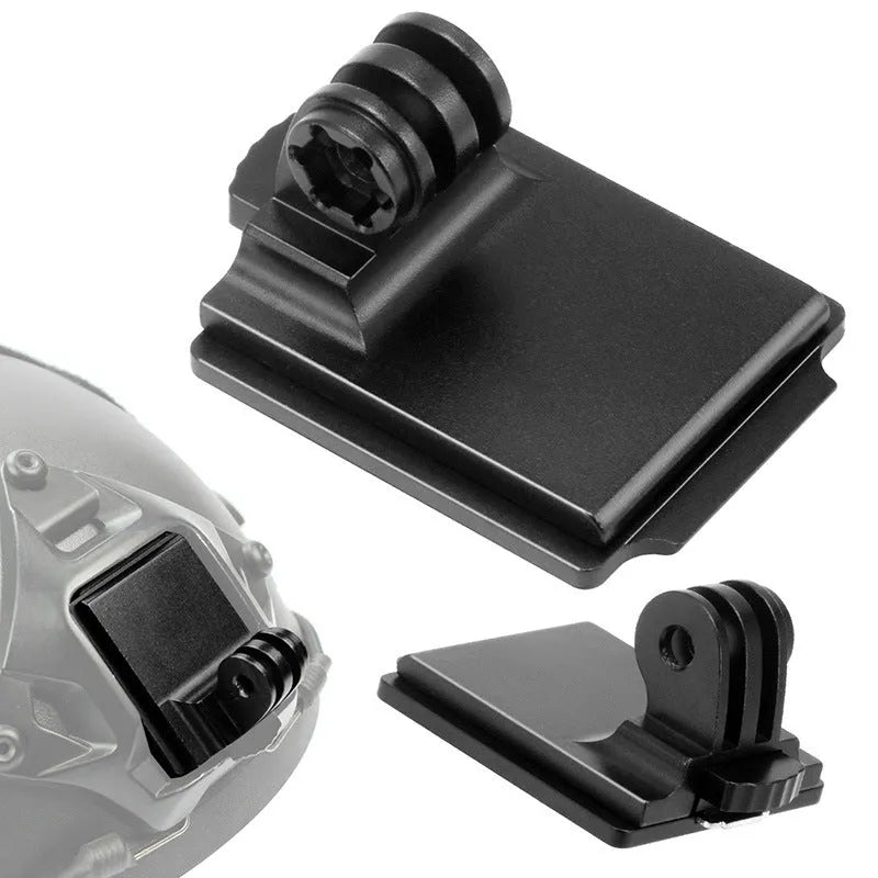 Aluminium alloy camera mounting bracket for attaching a GoPro to a riding helmet.