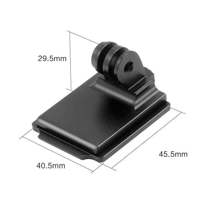 Aluminium alloy camera mounting bracket for attaching a GoPro to a riding helmet.