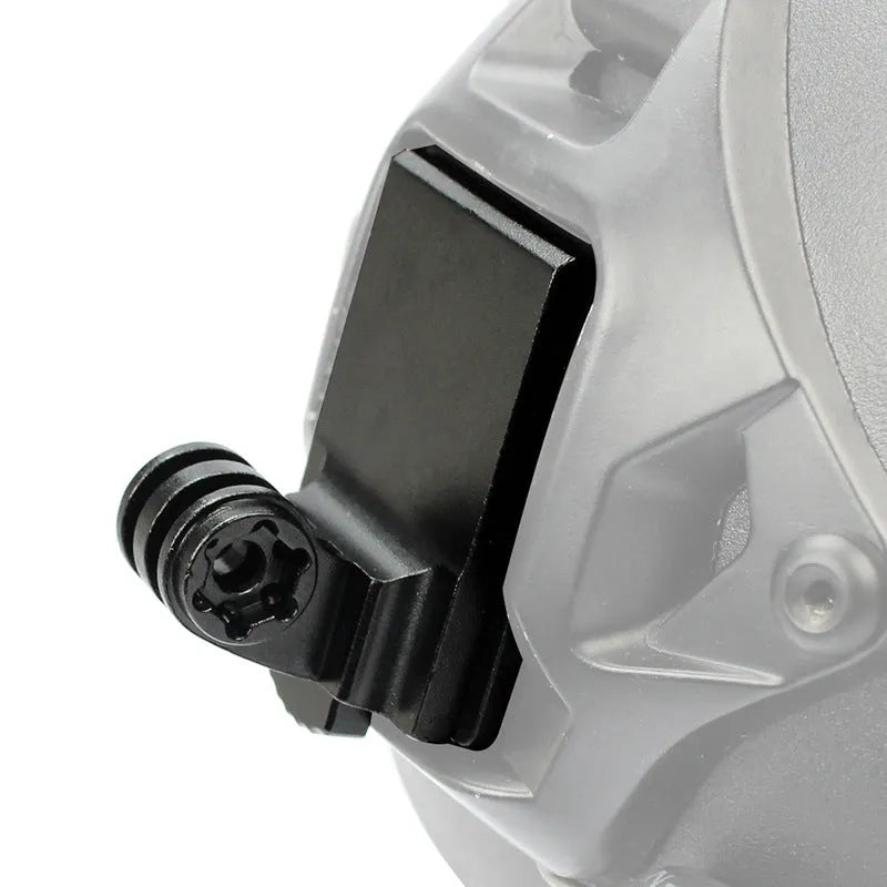 Aluminium alloy camera mounting bracket for attaching a GoPro to a riding helmet.