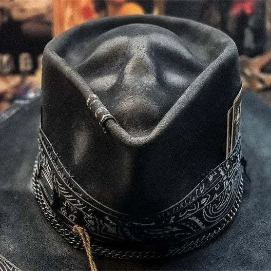 Handmade conical crown skull print hat in wool and denim fabric