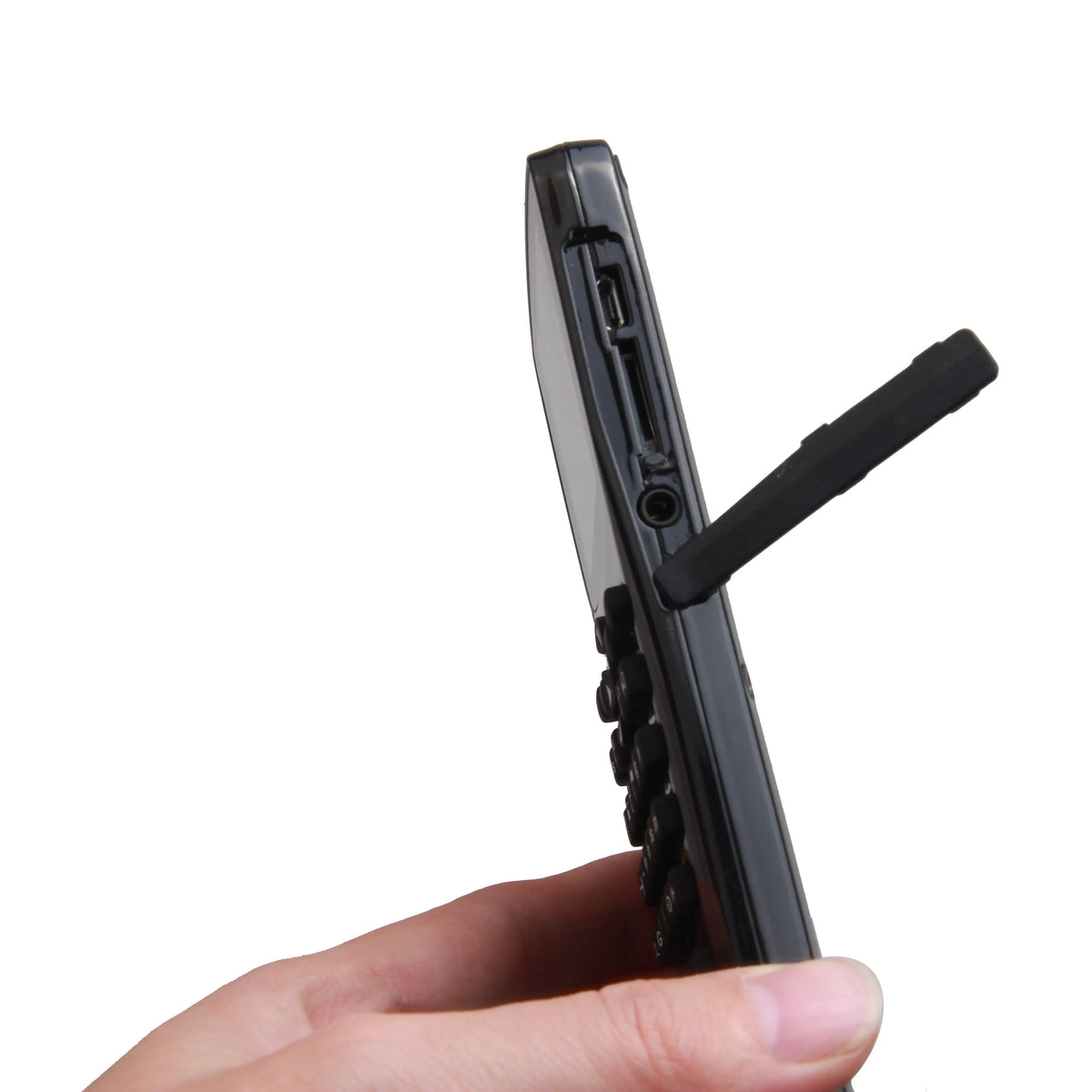 Black multifunctional e-book reader with a 2.8cm screen and an adjustable strap, showing a menu with multiple language options.