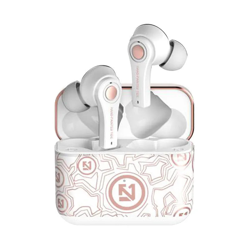 Black and white wireless Bluetooth headset with over-ear design showing adjustable headband