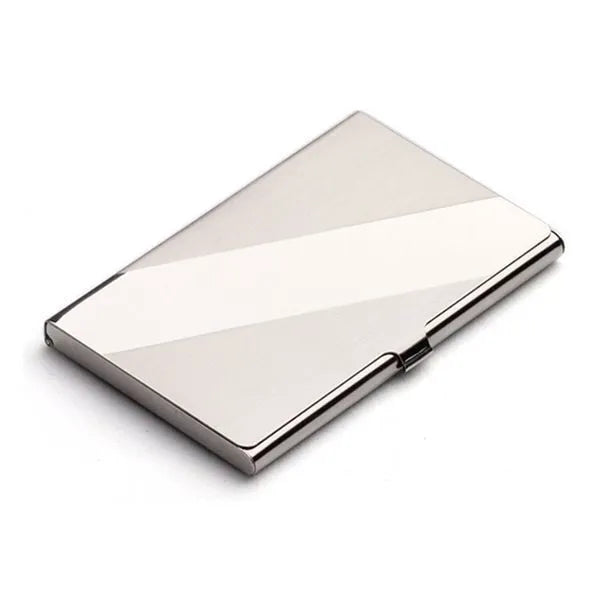 304 stainless steel business card case with laser-sculpted geometric pattern showing horizontal format